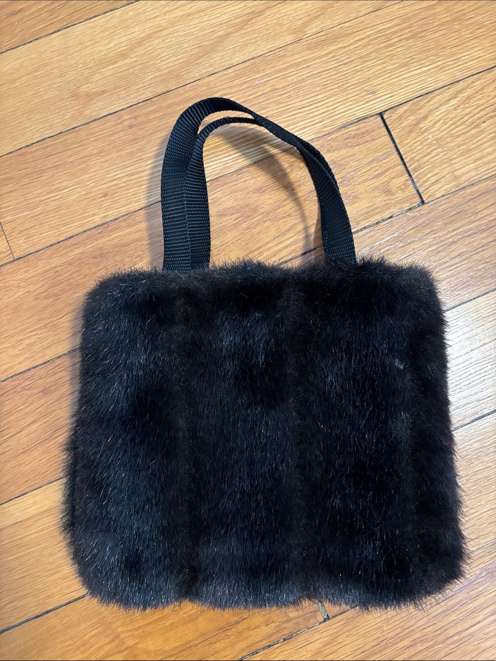 Plush Black Faux Fur Tote with Web Handles
